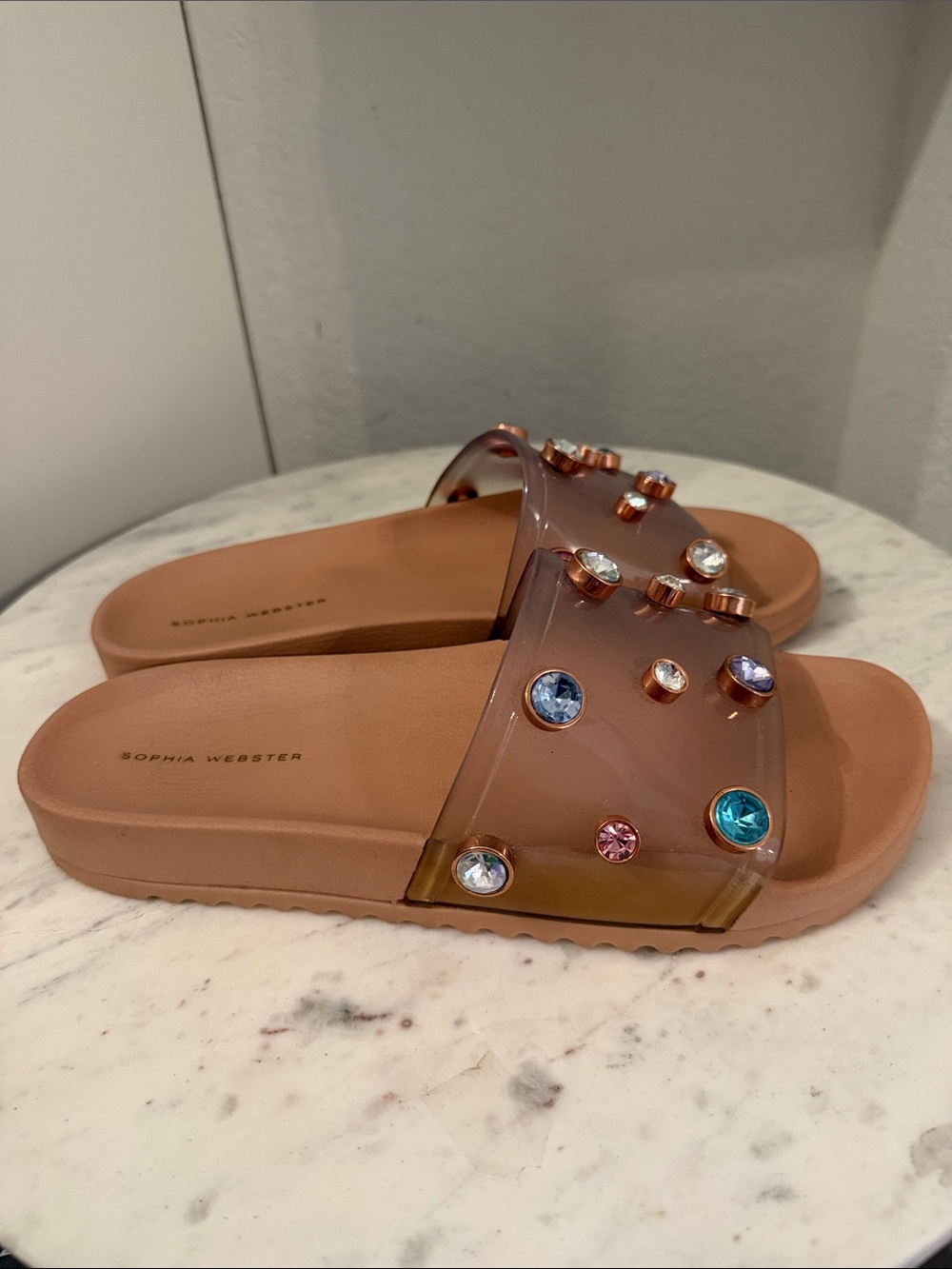 Sophia Webster Tan Slide Sandals with Multicolor Gem Embellishments